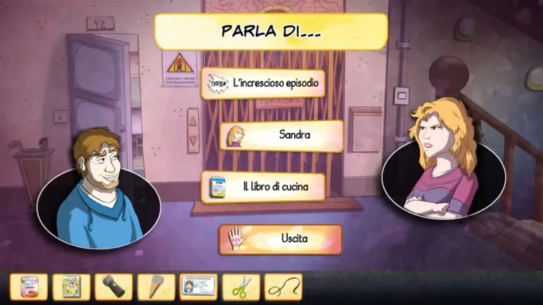 Schermata di dialogo: due personaggi ritratti dentro cornici ovali ai lati dello schermo e, al centro, l'elenco degli argomenti di conversazione in italiano.